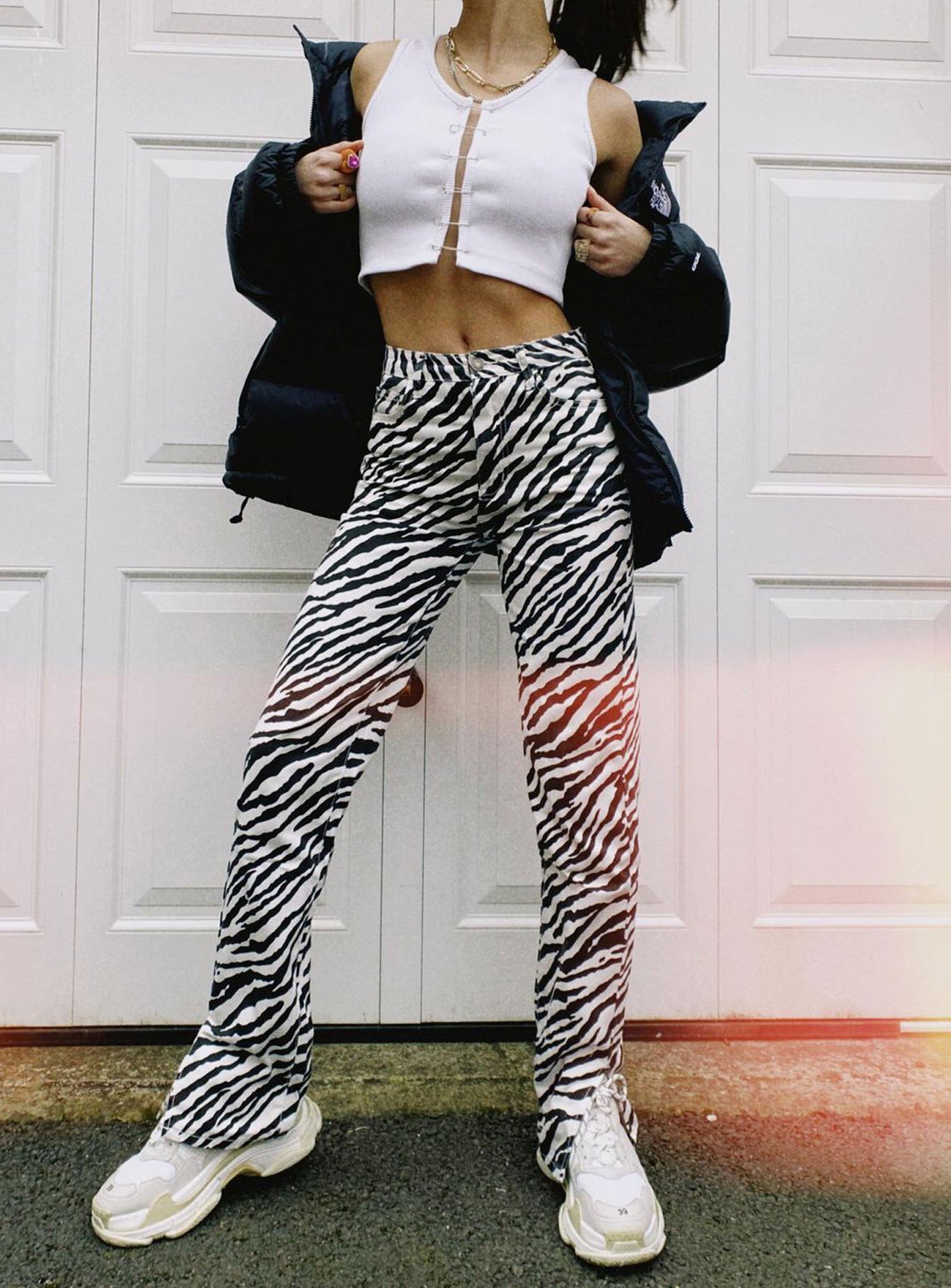 front view of model wearing Princess Polly Alabama Jeans Zebra Mid Rise 