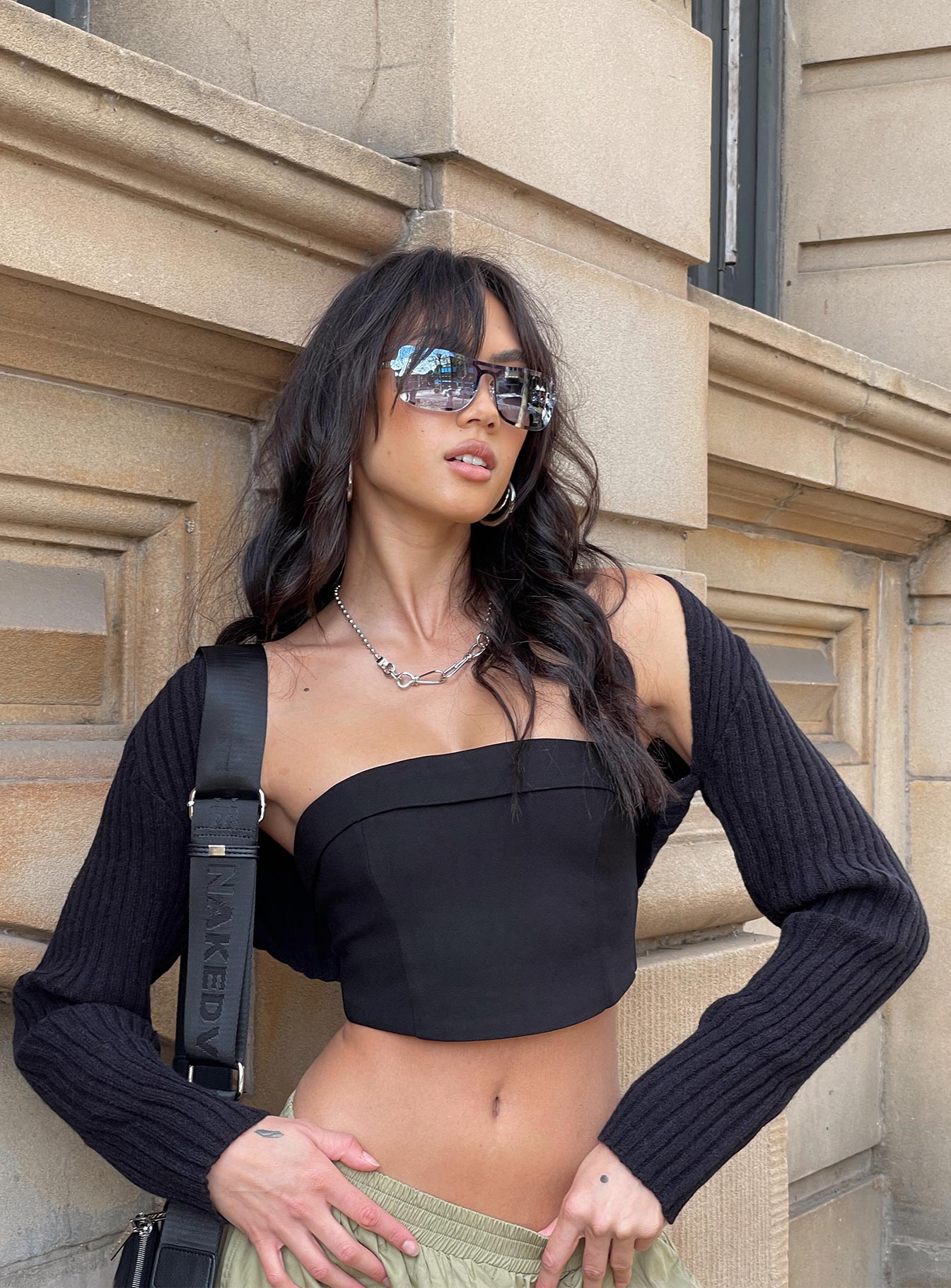 front view of model wearing Princess Polly Aytan Bolero Sweater Black Cropped 