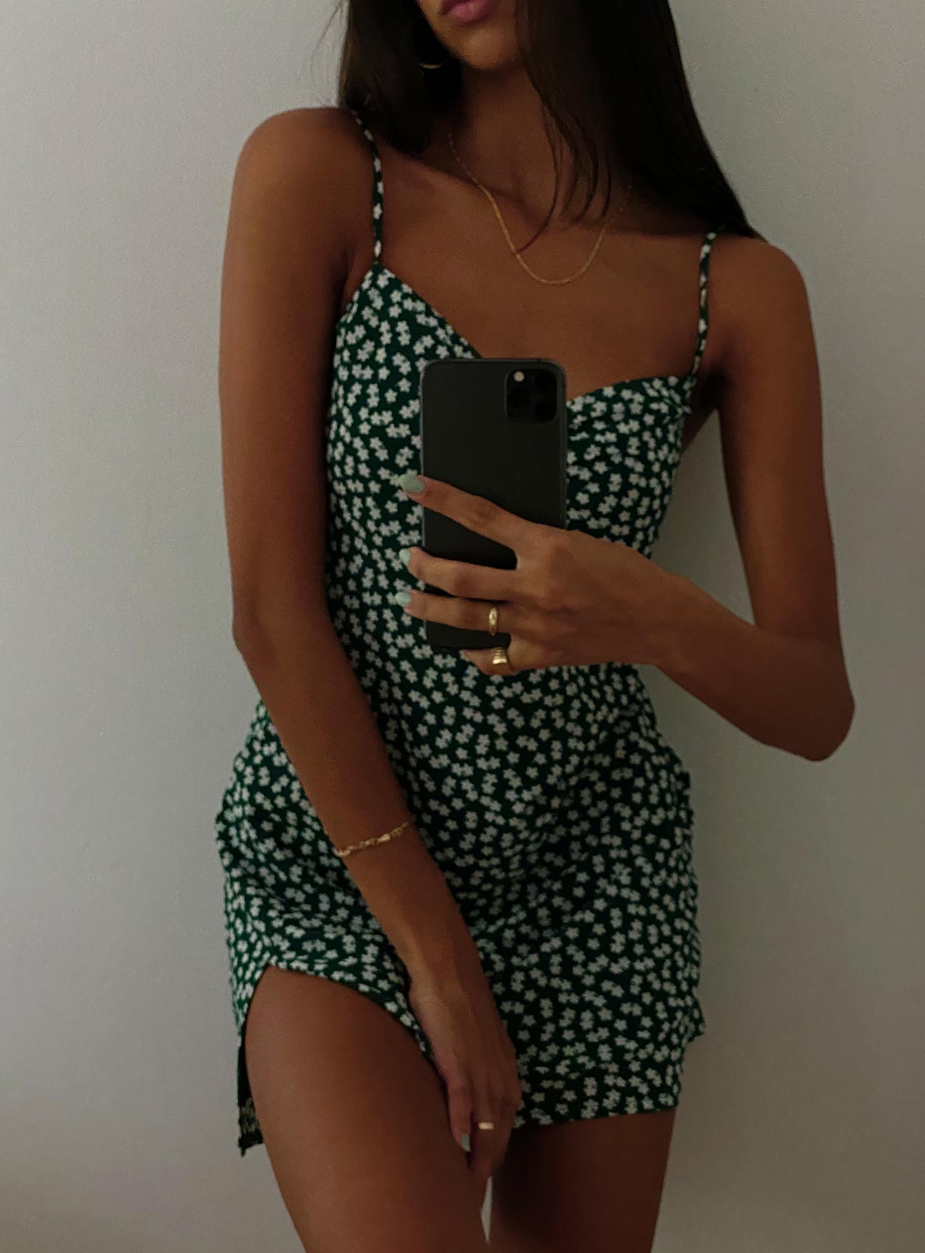 front view of model wearing Princess Polly Cylia Mini Dress Forest Green 