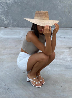 back view of model wearing Princess Polly Darlington Crop Top Beige 