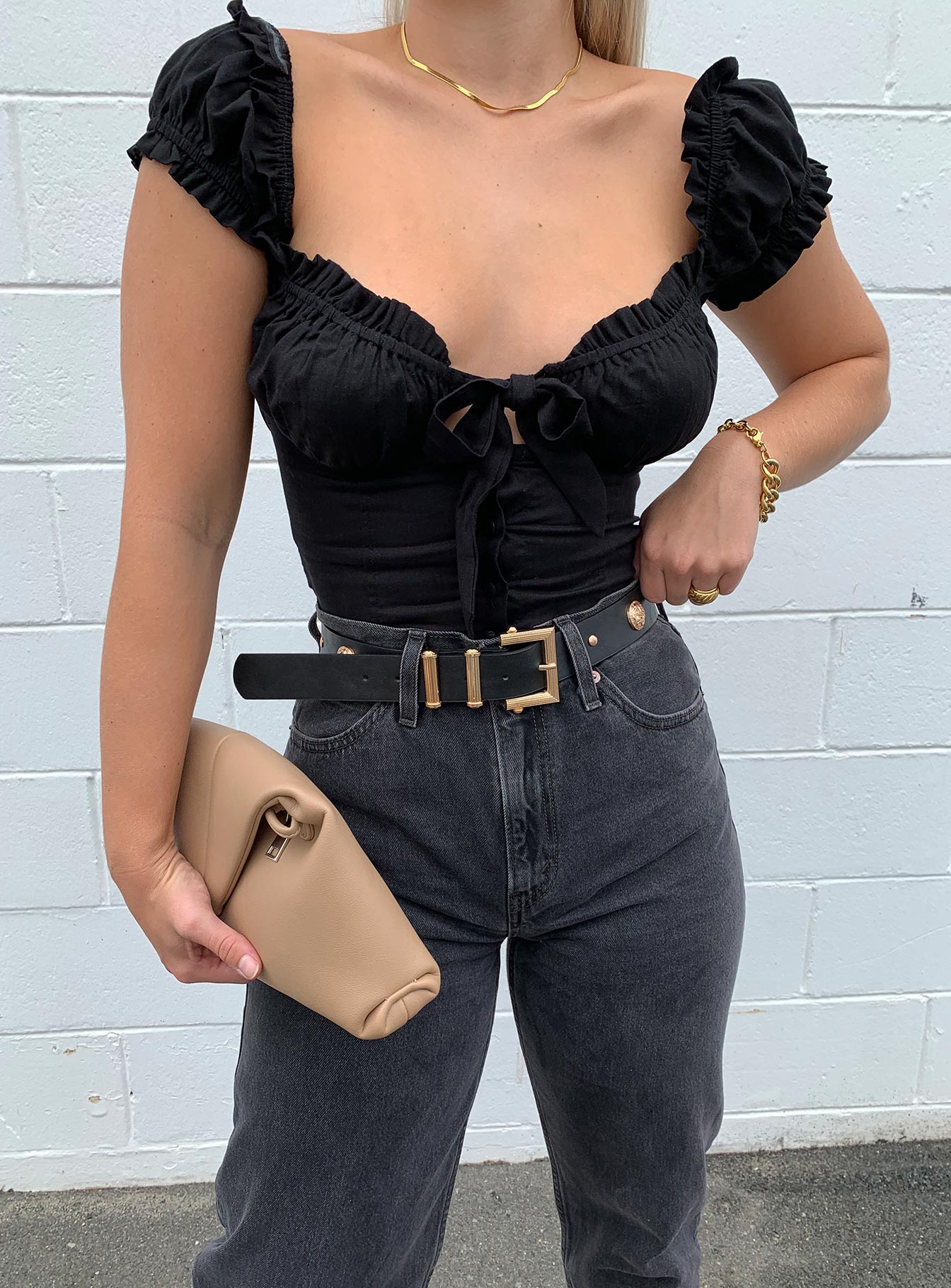 front view of model wearing Princess Polly Elouise Crop Top Black 