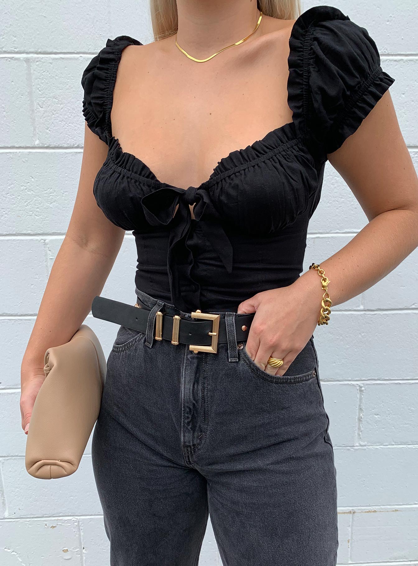 front view of model wearing Princess Polly Elouise Crop Top Black 