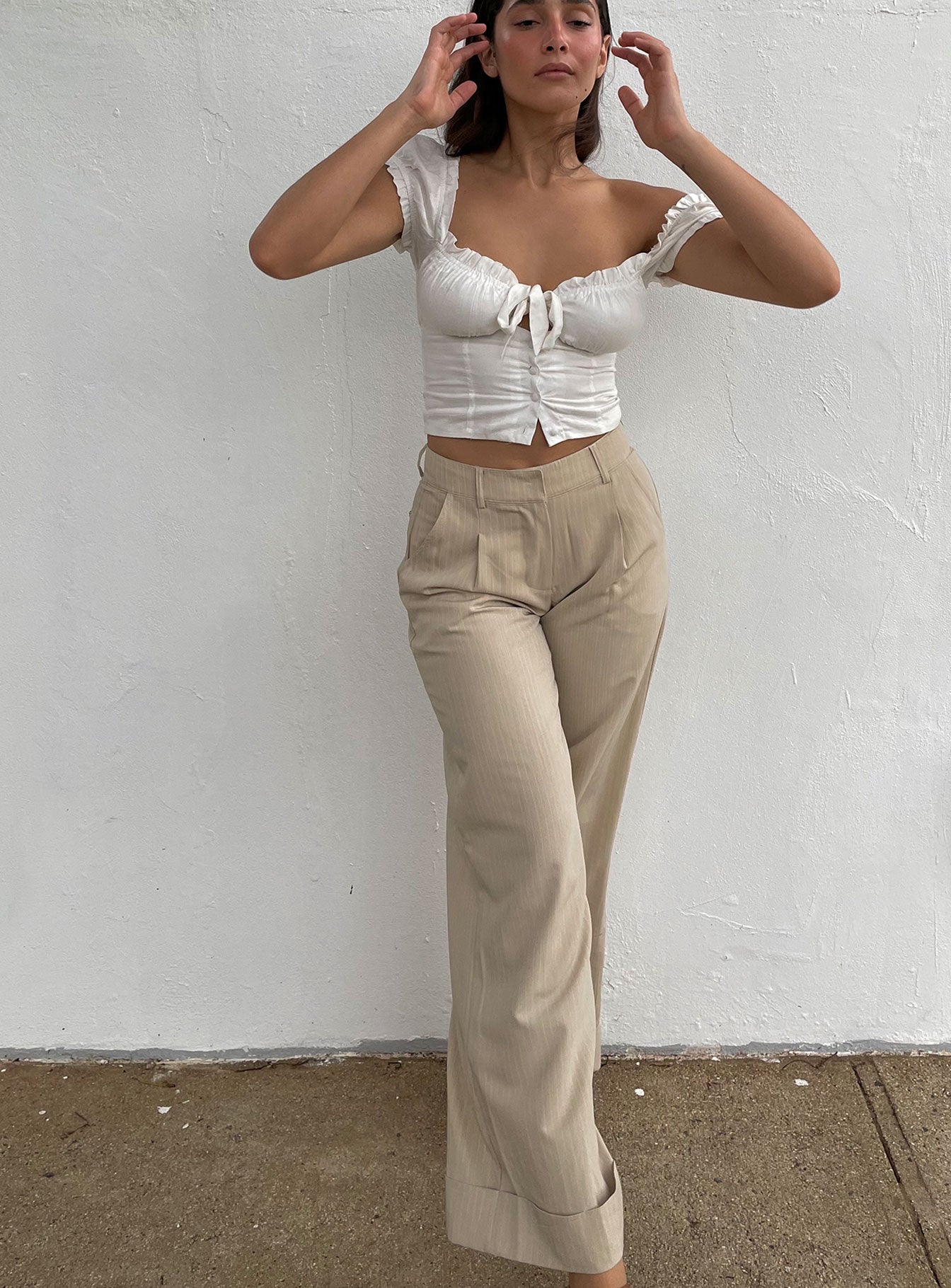 front view of model wearing Princess Polly Elouise Crop Top White 