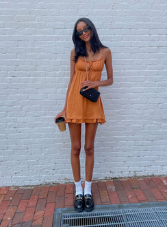 front view of model wearing Princess Polly Empress Of Love Mini Dress Rust 