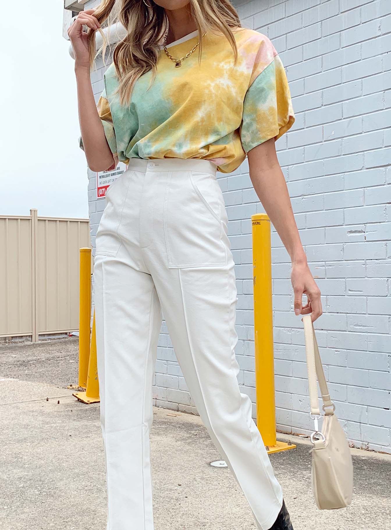 side view of model wearing Princess Polly Encore Pants White 