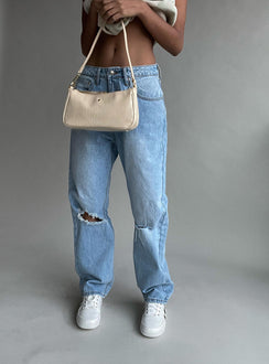 side view of model wearing Princess Polly Fairmount Straight Leg Jean Light Wash Denim Low Rise Jeans 