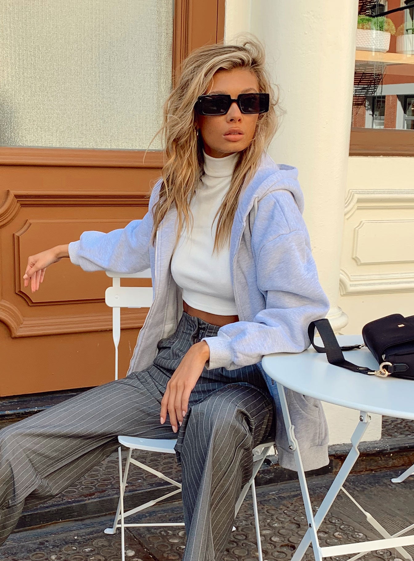 side view of model wearing Princess Polly Florida Zip Up Sweatshirt Grey 