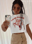 front view of model wearing Princess Polly Cowgirl Cropped Tee White Short Sleeves Crew Neck 