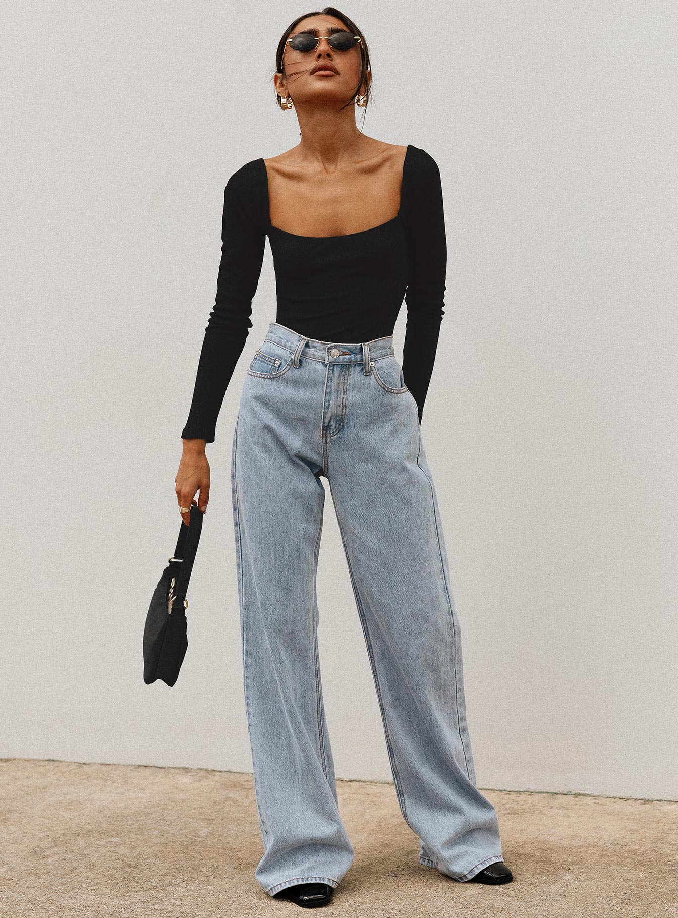 front view of model wearing Princess Polly Charlotte Bodysuit Black Tall Full Sleeves Square Neck 