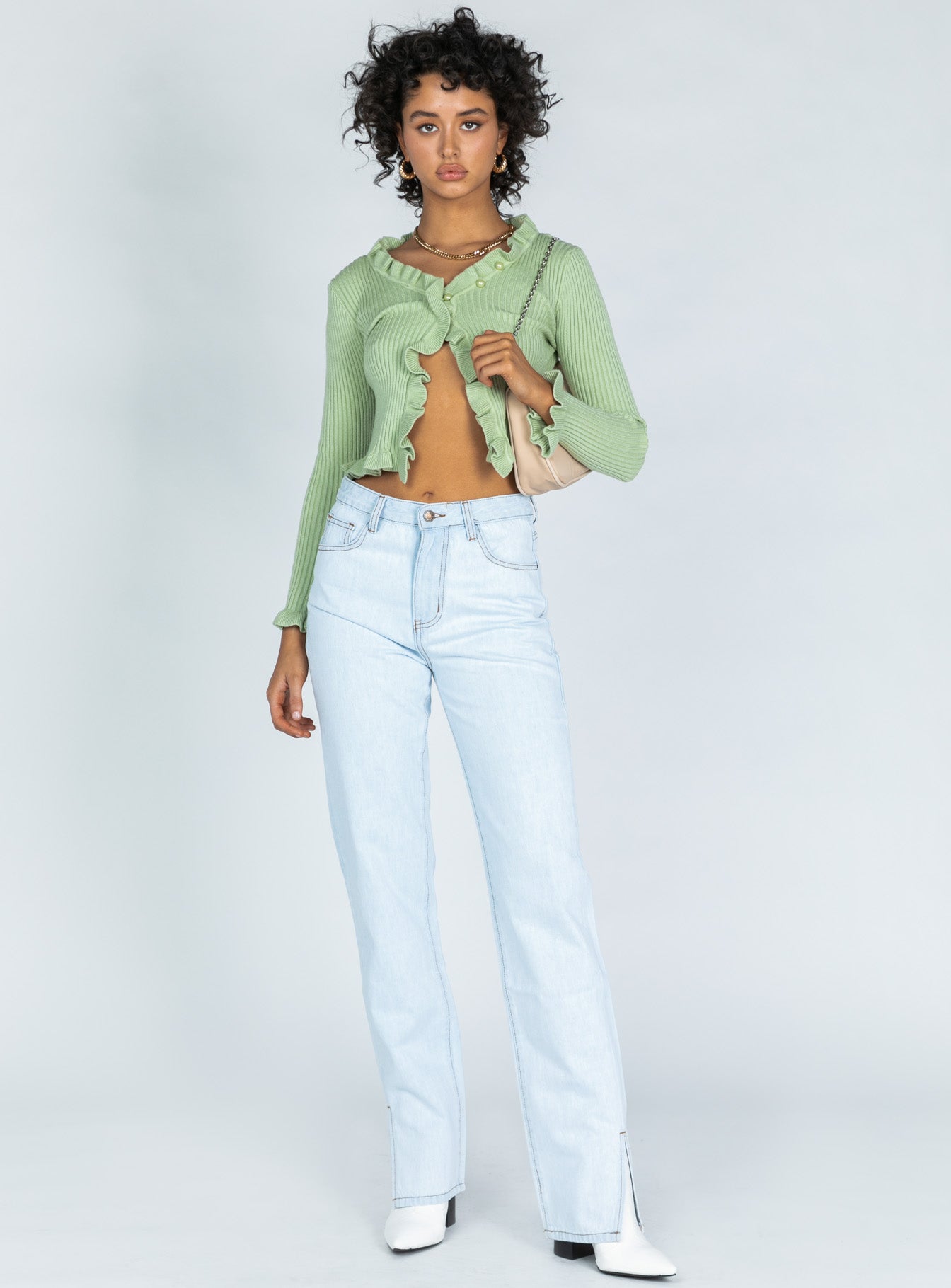 front view of model wearing Princess Polly Alabama Jean Light Blue Denim High Waisted 