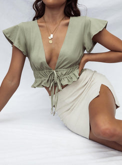 front view of model wearing Princess Polly Jamison Reid Crop Top Khaki 