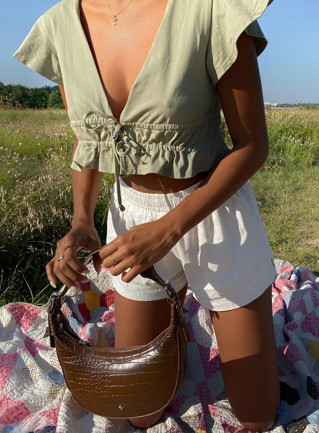 front view of model wearing Princess Polly Jamison Reid Crop Top Khaki 