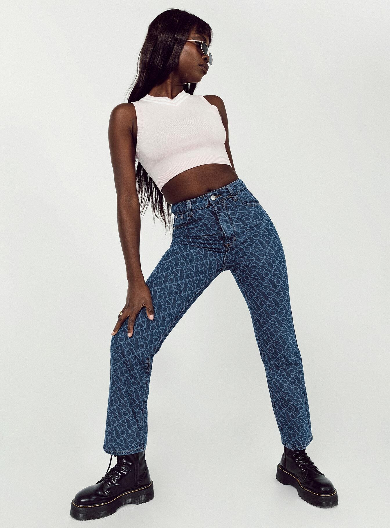 front view of model wearing Princess Polly Love Lounge Denim Jeans Mid Rise 