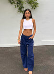 side view of model wearing Princess Polly Miami Vice Pants Dark Denim Mid Rise 