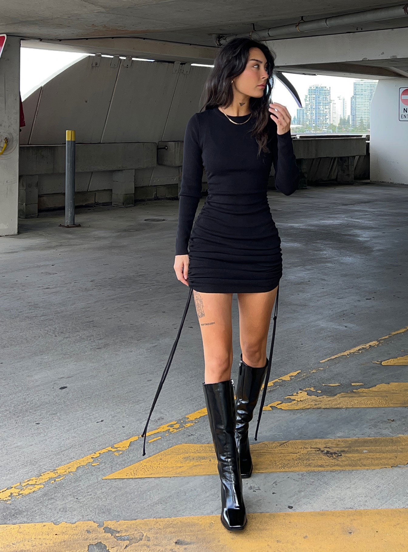side view of model wearing Princess Polly Military Minds Long Sleeve Mini Dress Black 