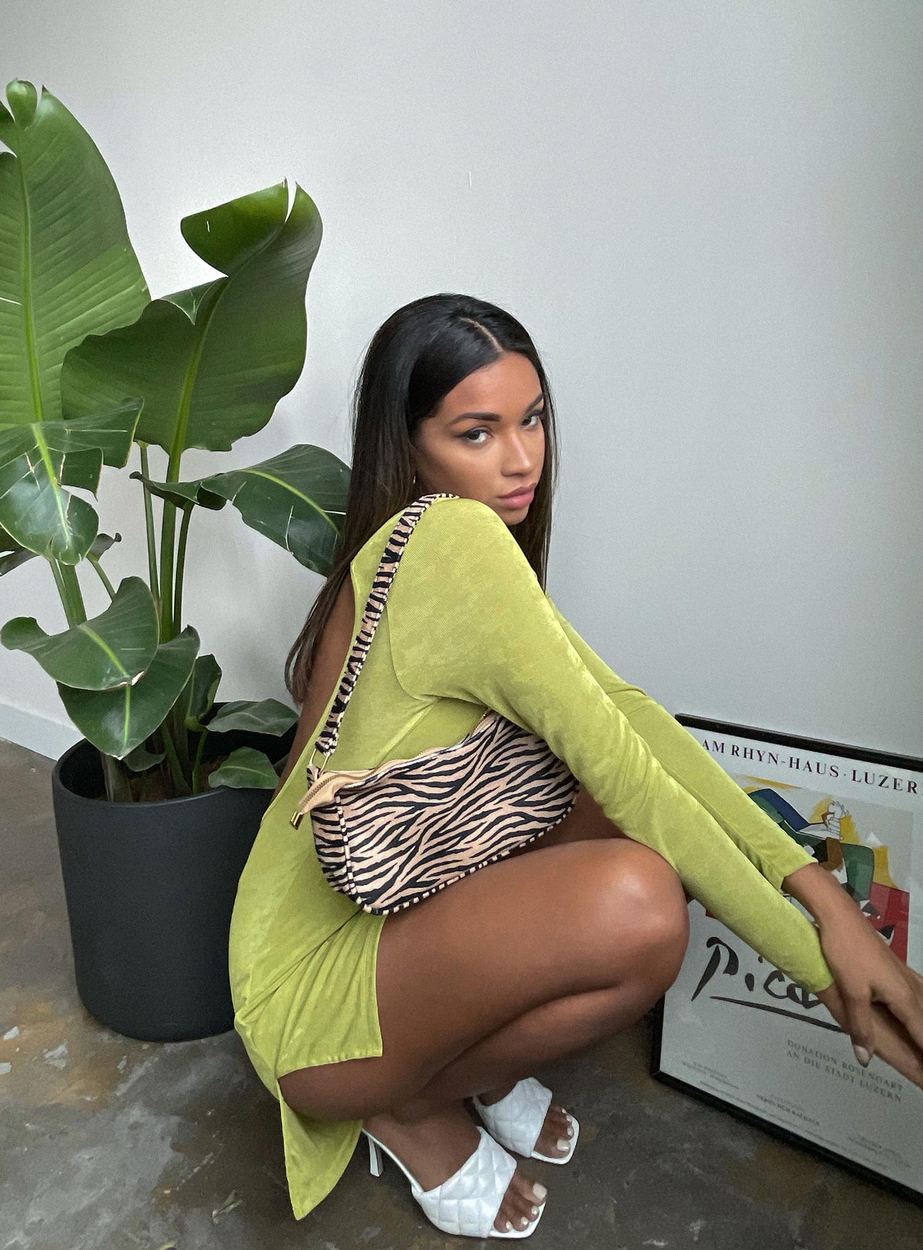 back view of model wearing Princess Polly Montana Mini Dress Green 