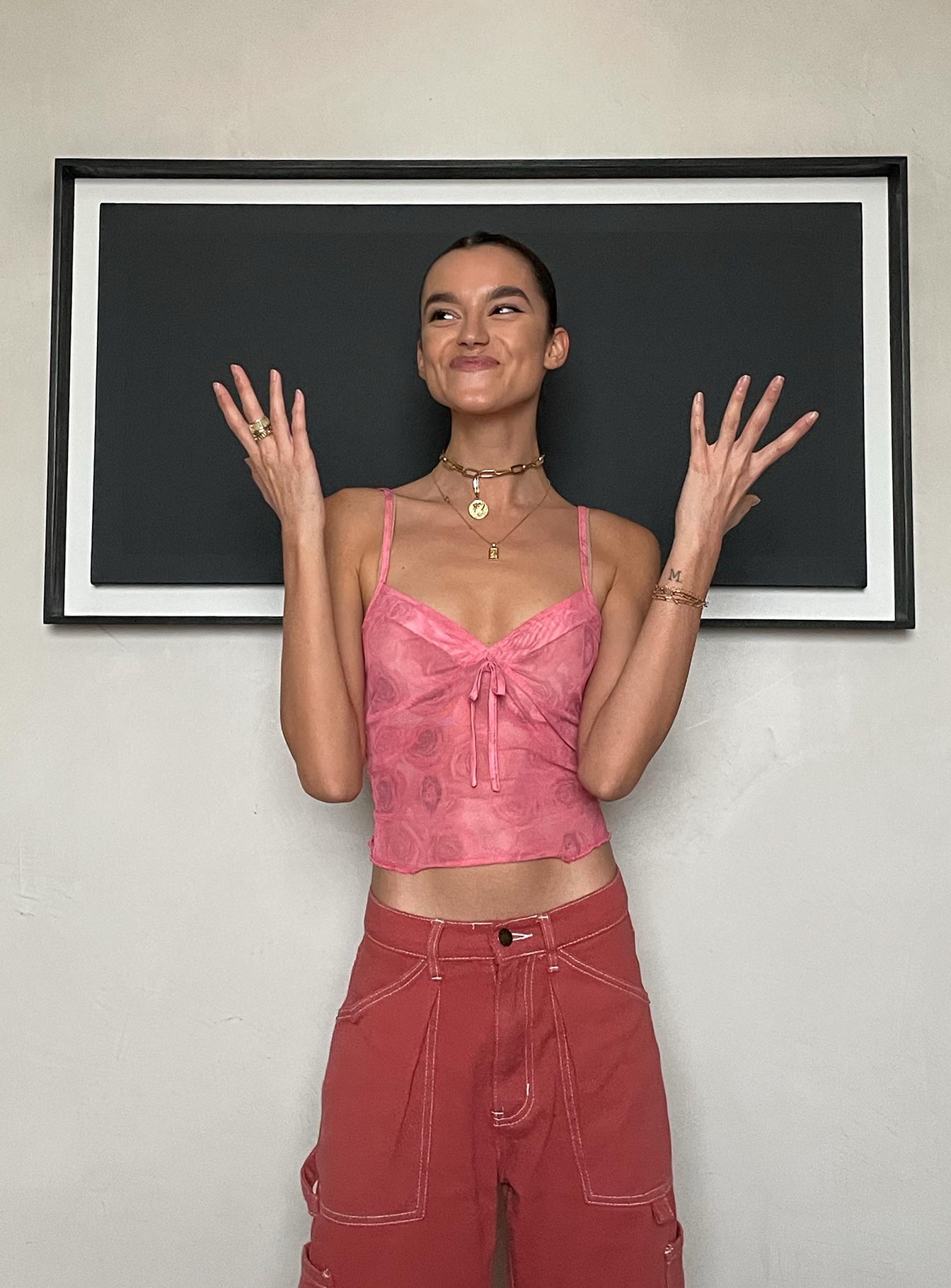front view of model wearing Princess Polly Love Bites Cami Roses 