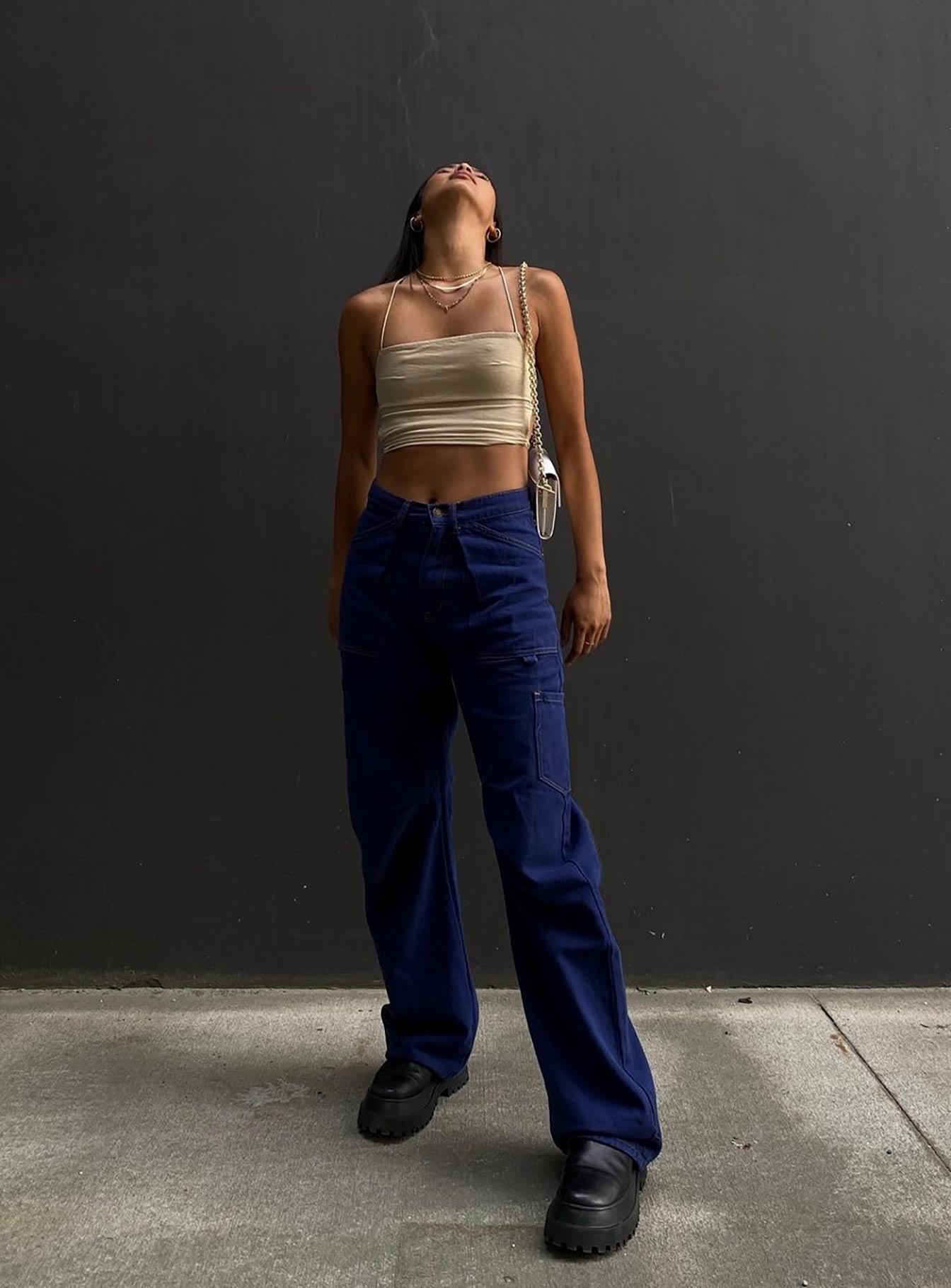 front view of model wearing Princess Polly Miami Vice Pants Dark Denim Mid Rise 