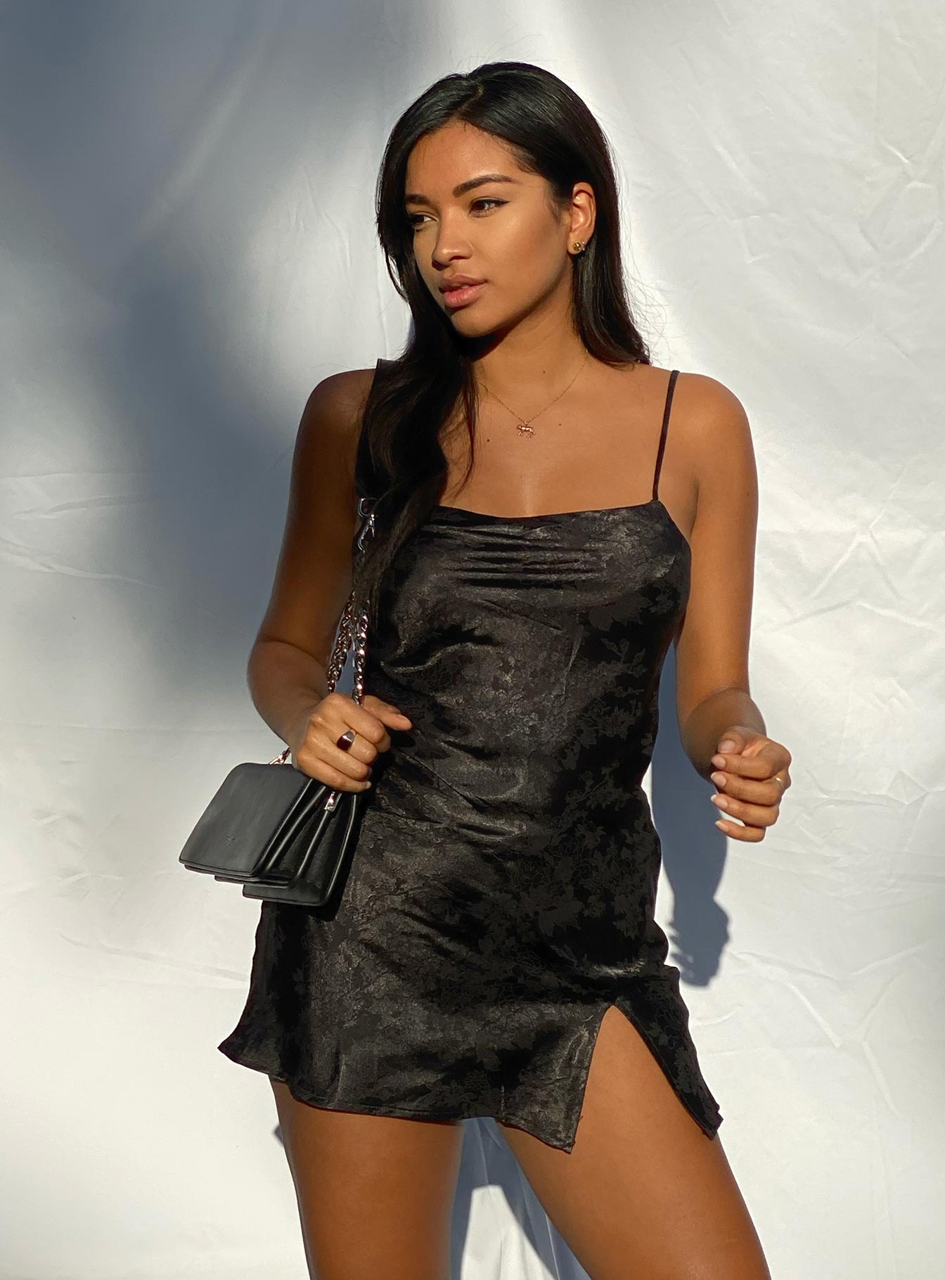 front view of model wearing Princess Polly Norman Mini Dress Black 