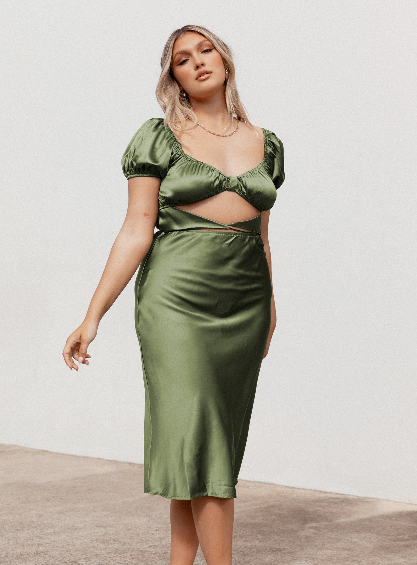 back view of model wearing Princess Polly Nakita Midi Dress Khaki 