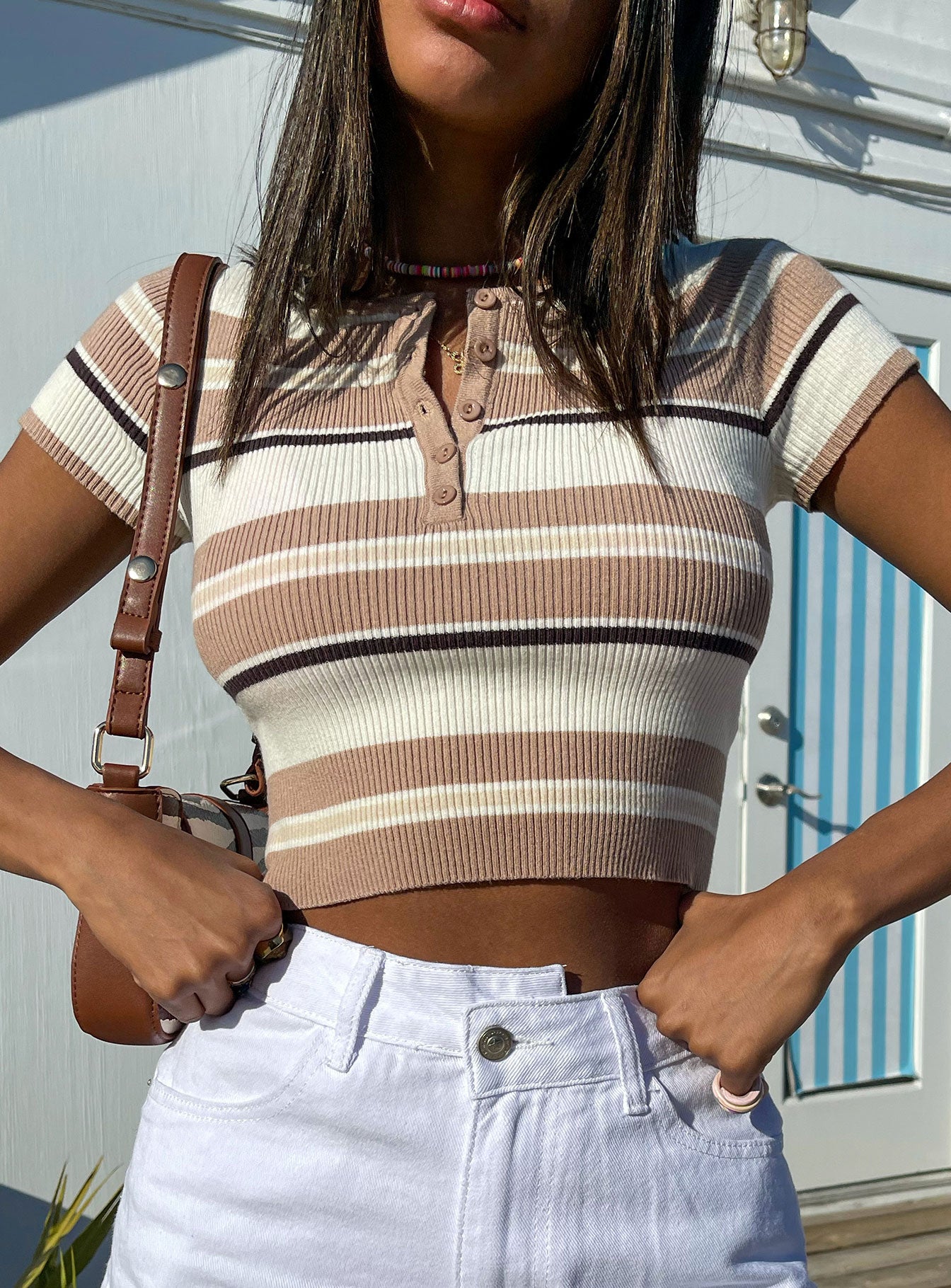 front view of model wearing Princess Polly Orla Short Sleeve Top Multi 