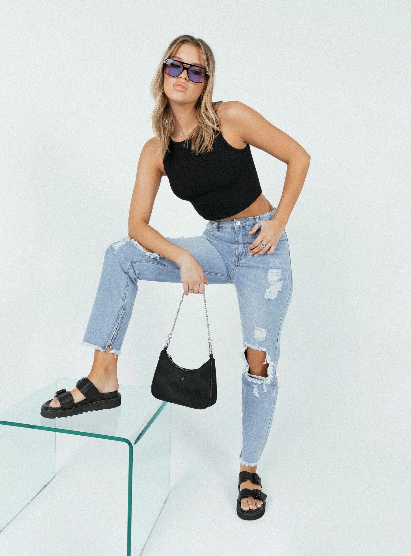 front view of model wearing Princess Polly Paola Straight Leg Denim Jeans High Waisted 