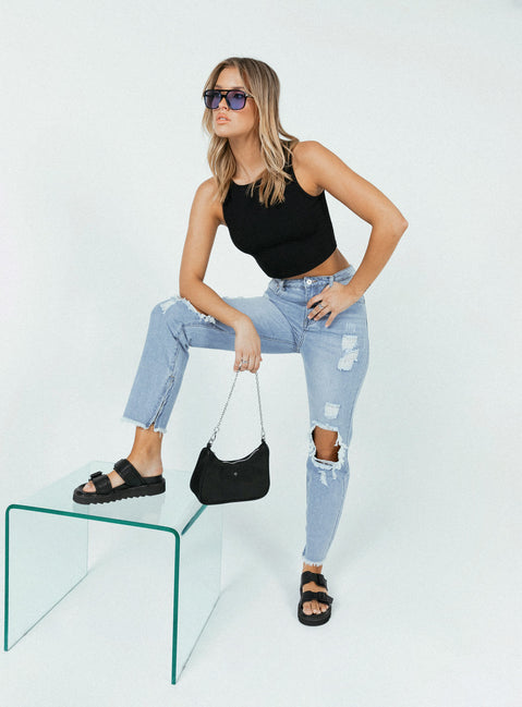 side view of model wearing Princess Polly Paola Straight Leg Denim Jeans High Waisted 