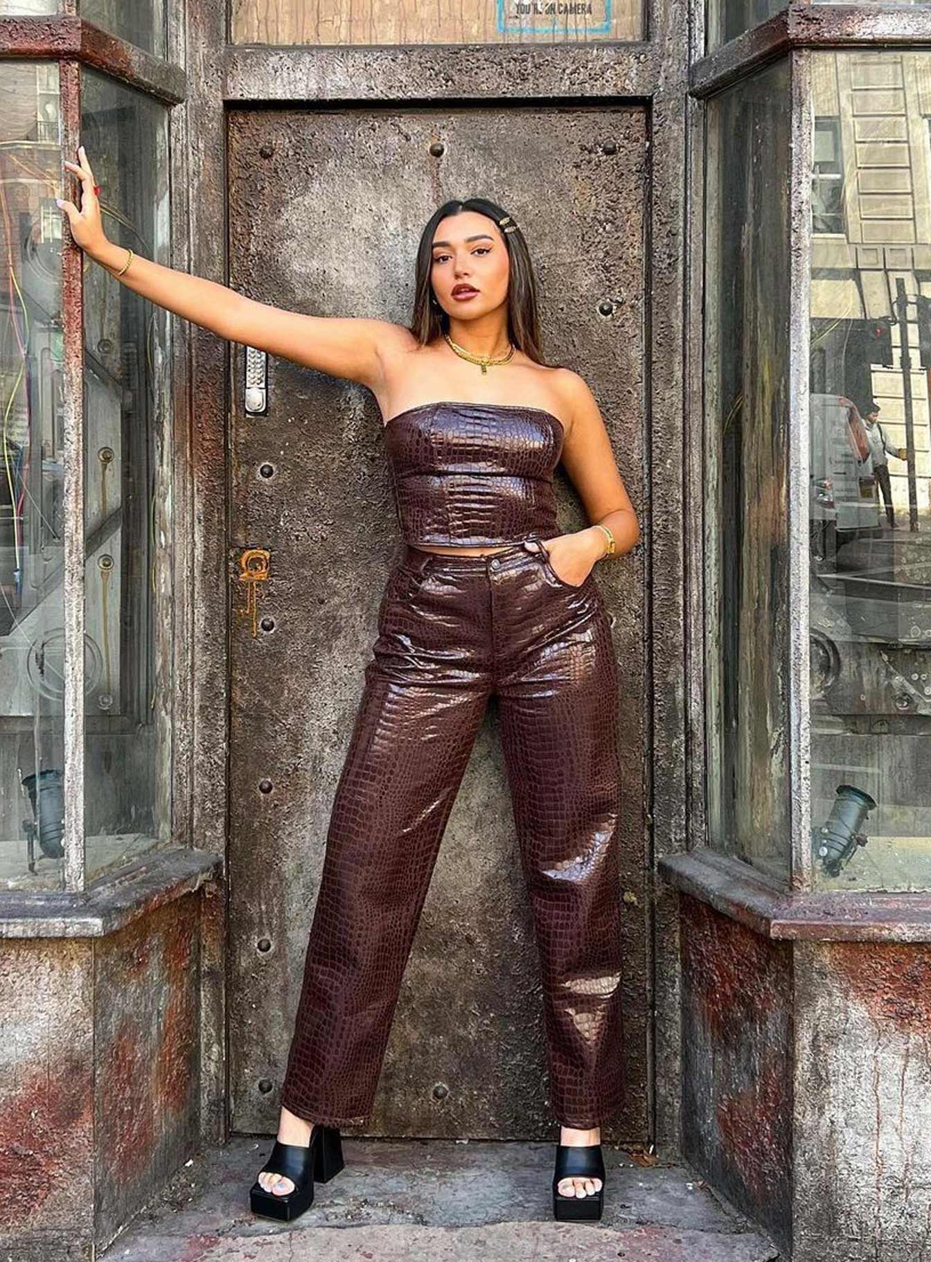 front view of model wearing Princess Polly Motel Parallel Trouser Croc PU Dark Brown 