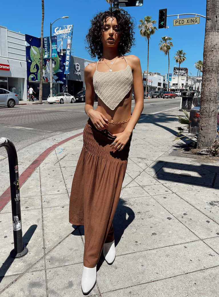   side view of model wearing Princess Polly Porto Maxi Skirt Brown Maxi 