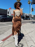 back view of model wearing Princess Polly Porto Maxi Skirt Brown Maxi 