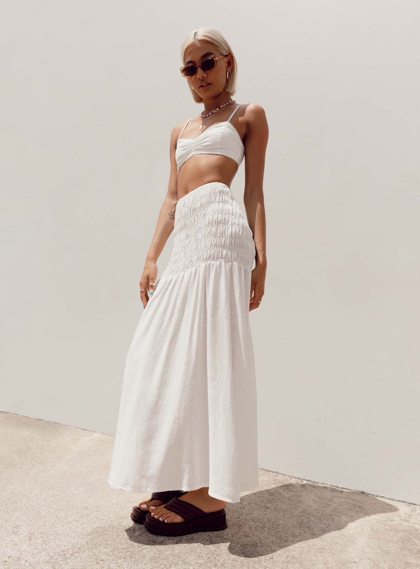   front view of model wearing Princess Polly Porto Maxi Skirt White Maxi 