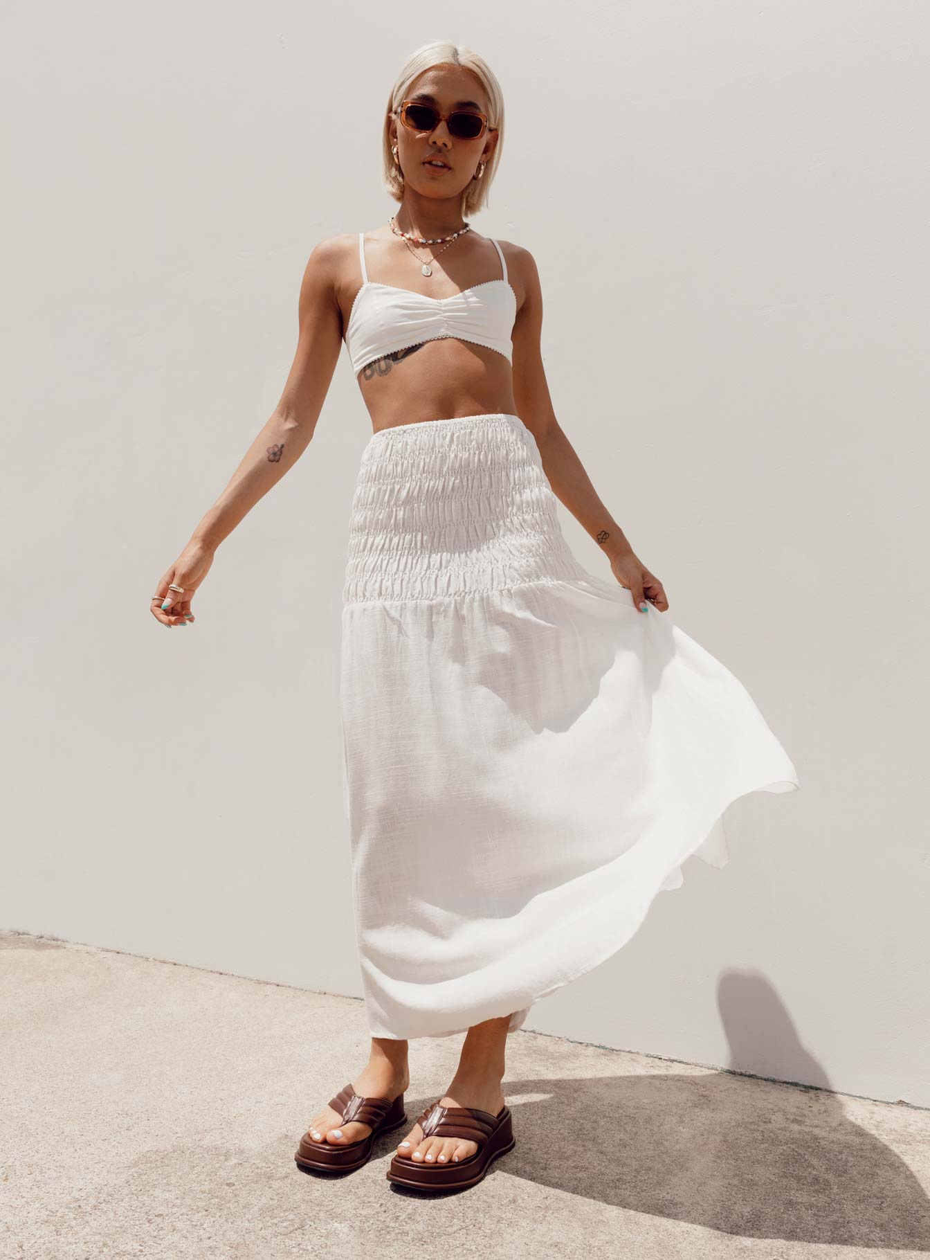   front view of model wearing Princess Polly Porto Maxi Skirt White Maxi 