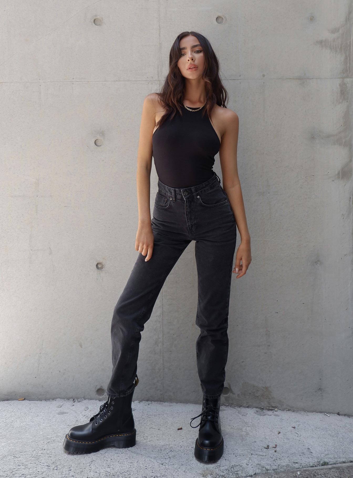 front view of model wearing Princess Polly Aubrey Bodysuit Sleeveless Crew Neck 