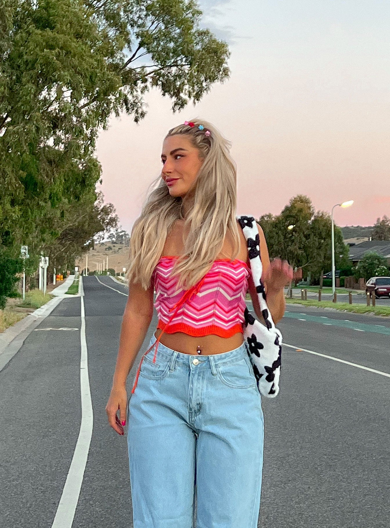 side view of model wearing Princess Polly Rosalia Top Pink 