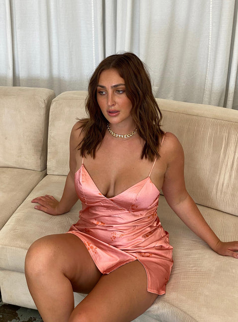 side view of model wearing Princess Polly Stargazing Mini Dress Pink Floral 