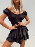 Black romper Can be worn on or off the shoulder Shirred waistband Ruffle detailing Elasticated neck & sleeves