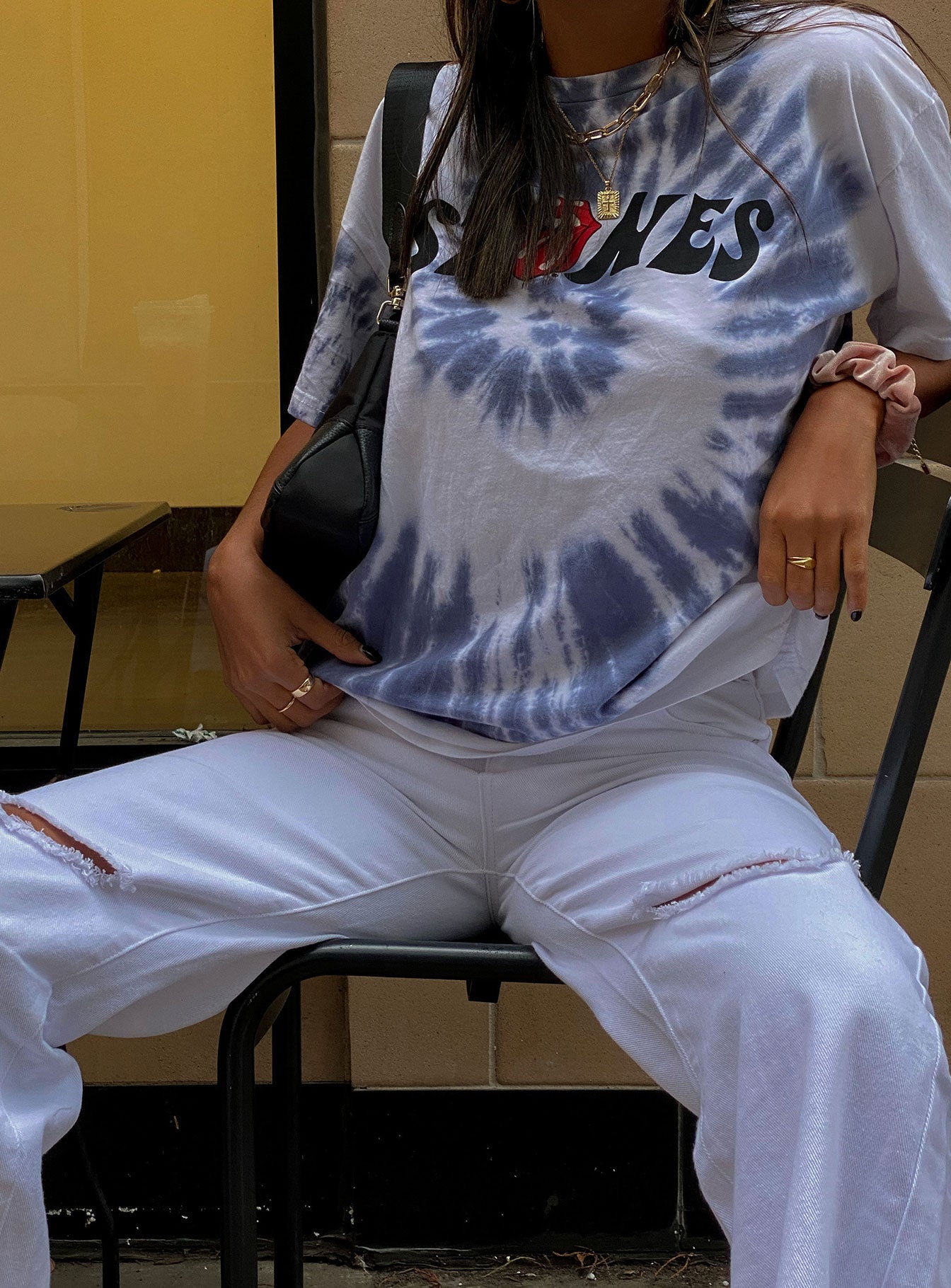 side view of model wearing Princess Polly Cece Hammer Wide Leg Knee Rip Jeans White Denim Mid Rise 