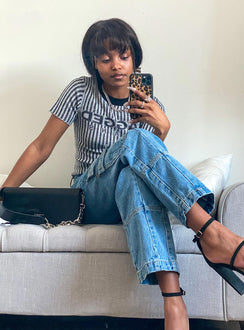 front view of model wearing Princess Polly The Stacey Jeans Denim Blue High Waisted 