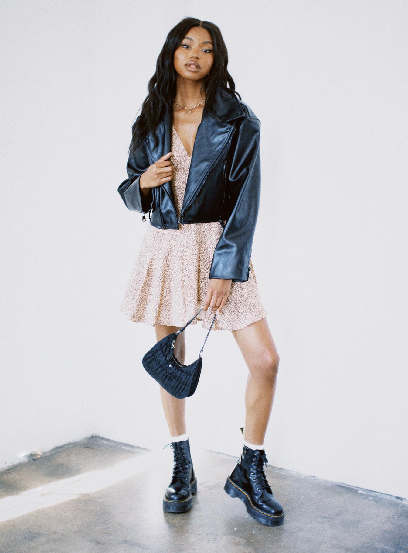 front view of model wearing Princess Polly The Sting Mini Dress Leopard 