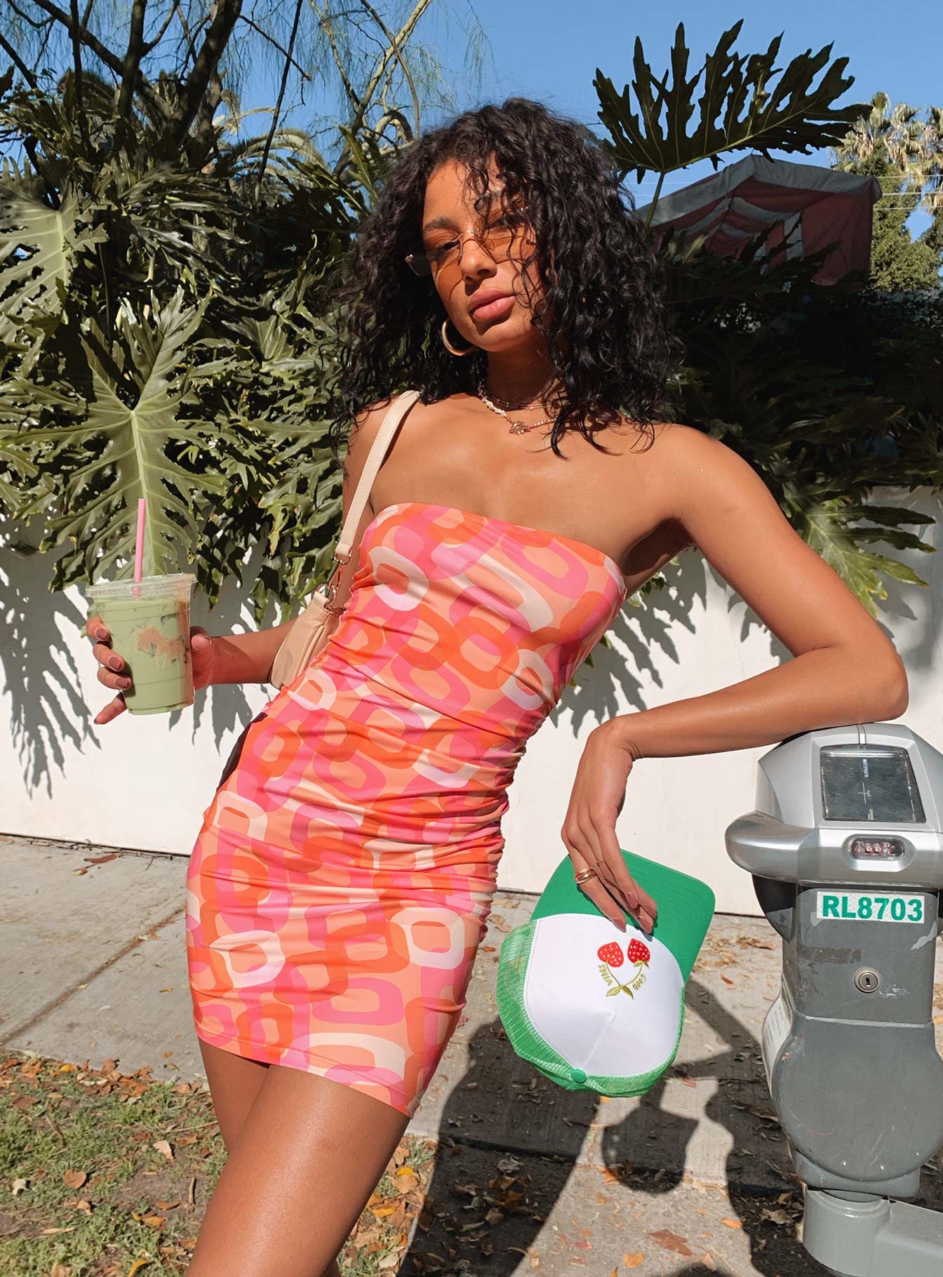 side view of model wearing Princess Polly Twiggy Mini Dress Pink Multi 