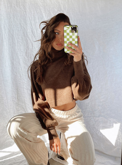 front view of model wearing Princess Polly Zahara Cropped Turtleneck Sweater Brown Cropped 