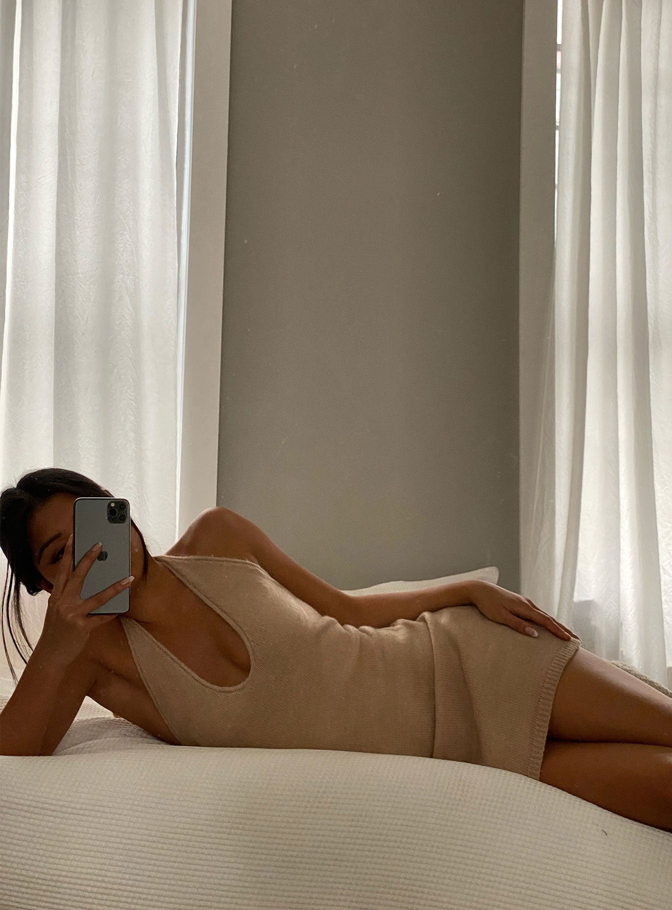 back view of model wearing Princess Polly Blair Mini Dress Beige 