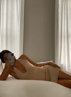 back view of model wearing Princess Polly Blair Mini Dress Beige 