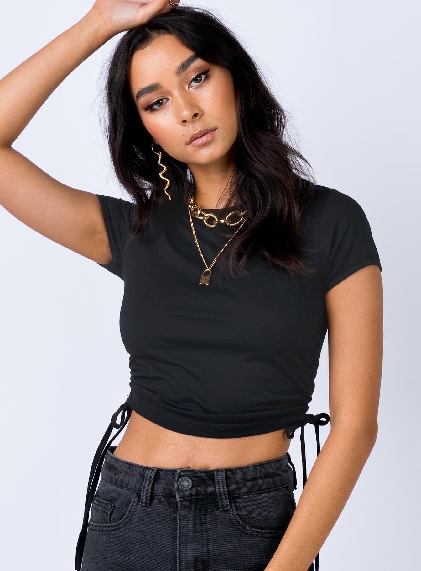 front view of model wearing Princess Polly Evant Tee Black 