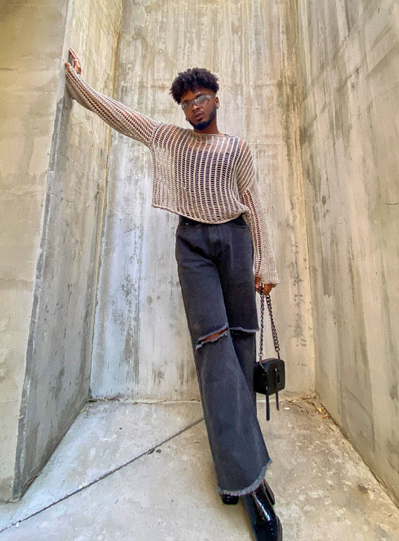 front view of model wearing Princess Polly Cece Hammer Wide Leg Knee Rip Jeans Black Denim High Waisted 