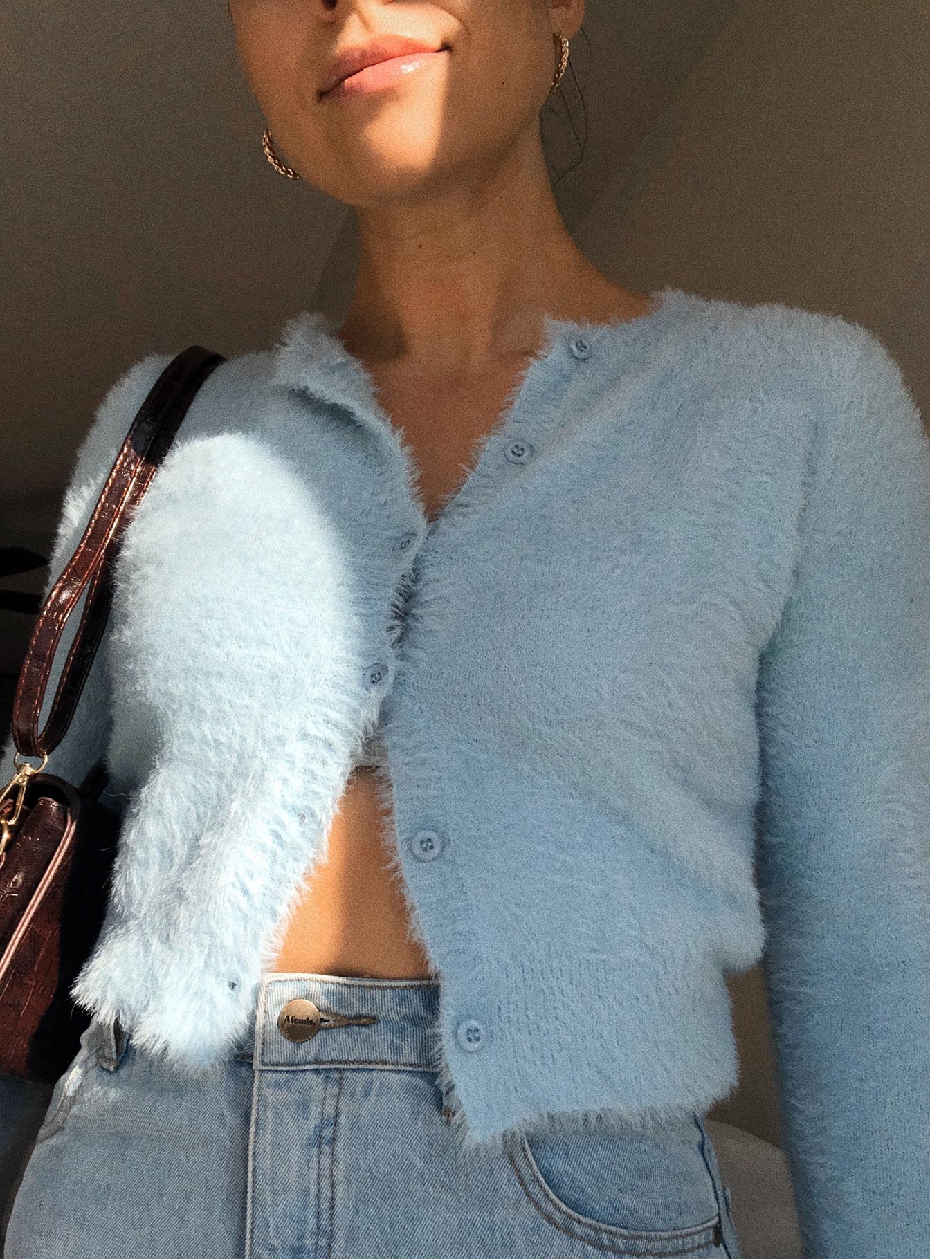 back view of model wearing Princess Polly Phoebe Cropped Cardigan Blue Cropped 