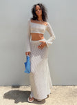 Two piece set Knit material Crop long sleeve top Square neckline Maxi skirt Elasticated waistband Good stretch 