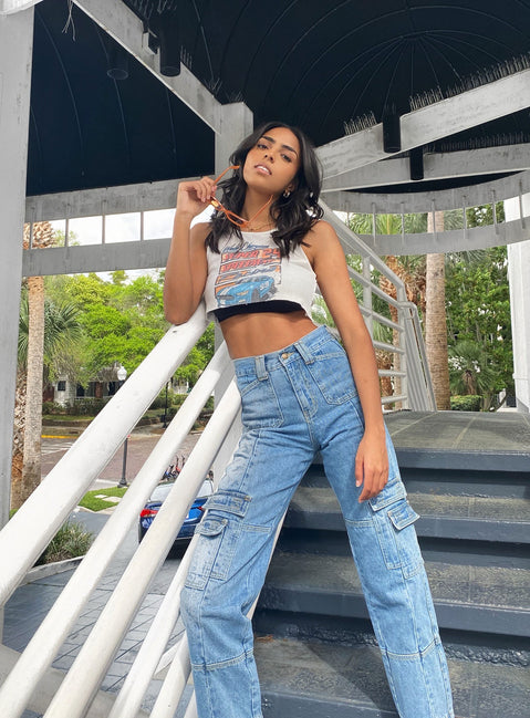 front view of model wearing Princess Polly The Stacey Jeans Denim Blue High Waisted 